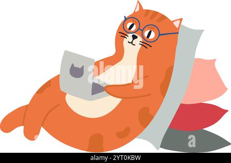 Relaxed ginger cat wearing round glasses and working from home, lying on pillows and using laptop with cat sticker, depicting comfortable and humorous Stock Vector