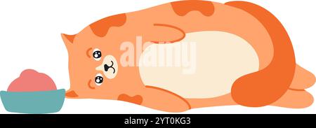 Cartoon illustration of a cute, fat, ginger cat lying on its side next to a bowl of pink food, looking at the viewer with a contented expression Stock Vector