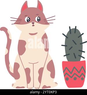 Adorable spotted cat sitting playfully next to a small cactus in a beautifully decorated pot, featuring a simple flat vector illustration against a Stock Vector