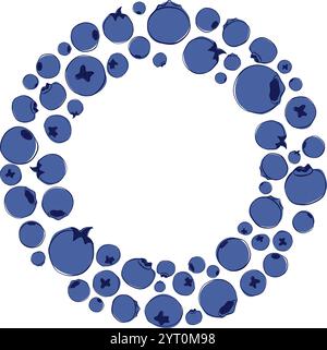 Blueberry vector circle round frame graphic line illustration on white transparent background. Greeting card or invitation design Stock Vector