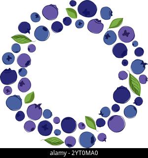 Blueberry blackberry in graphic line style, group of scattered ripe forest berry with drops, blue and purple circle round frame composition. For resta Stock Vector