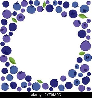 graphic line hand drawn circle frame with green leaves and blue berries. Vector illustration template Perfect for invitations and cards. Stock Vector