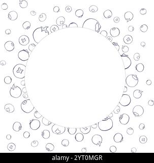 graphic line circle round frame with blueberries. Vector wild forest swamp moss twigs, blueberry branches, leaves. Stock Vector