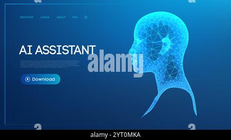 Futuristic low poly AI assistant design with a digital human head silhouette on a blue gradient background. Stock Vector