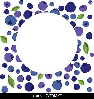 Round circle frame with Blueberry and leaves. vector Hand drawn graphic line plants for invitation, save the date card. Stock Vector