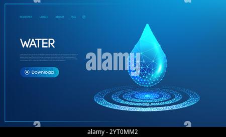 Digital water drop with glowing polygonal pattern and blue tones for water conservation or digital technology theme Stock Vector