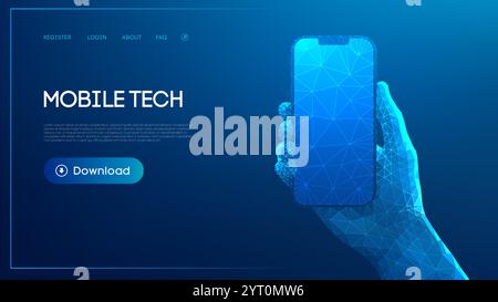 Low poly hand holding a smartphone with geometric blue shapes on a digital background. Stock Vector