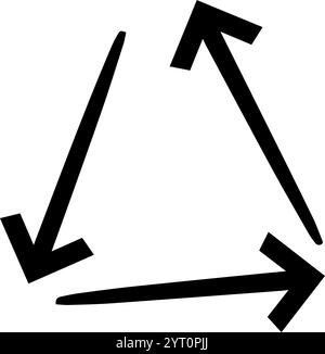 Set of three thick black hand drawn arrows pointing in different directions forming a triangle shape over a white background, suggesting a circular Stock Vector