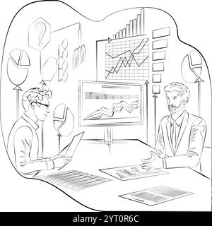 Conducting stakeholder interviews to identify and understand problems in the decision-making process. Sketch. Vector illustration. Stock Vector