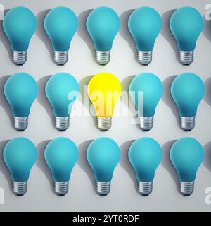 Extinct light bulbs and one glowing light bulb, top view. Think different, creative idea. Not like everyone else, concept Stock Photo