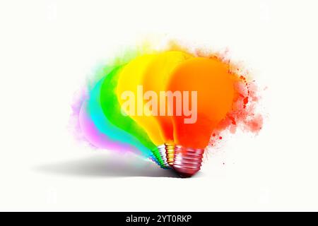 Creative rainbow colored light bulbs with splashes, creative idea. Red, orange, yellow, green, blue and purple light bulb exploding into splashes, con Stock Photo