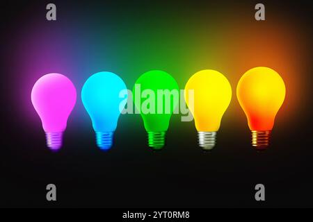 Creative colored light bulbs glow on a black background. Think differently, concept. Creative thinking. Different idea and concept Stock Photo