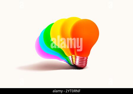 Creative colored light bulbs with rainbow colors glow on a white background. Think differently, concept. Checking colors. Thinking, creative idea Stock Photo
