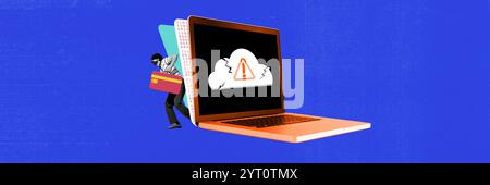 Contemporary art collage. Hacker carries stolen credit card past laptop with warning icon on screen, representing internet security threats and Stock Photo