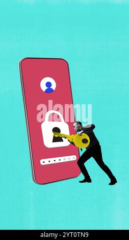 Contemporary art collage. Man uses large key to access giant locked smartphone screen, symbolizing efforts to break into secure digital accounts. Stock Photo