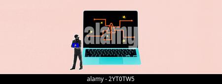 Contemporary art collage. Laptop displays malware connections, with man holding bug-filled tablet, symbolizing cybersecurity issues and malware Stock Photo