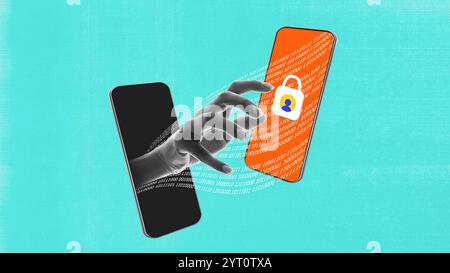Contemporary art collage. Open lock on cloud icon on laptop screen with person holding folder, symbolizing hacking and internet data safety issues. Stock Photo