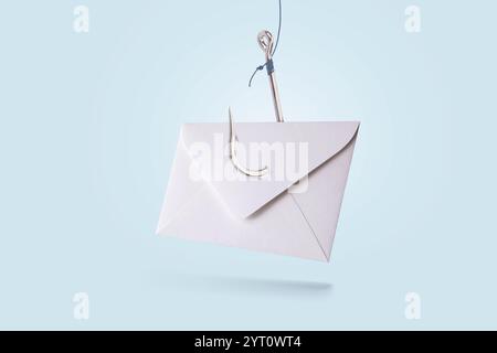 Paper mail letter with metal hook on blue pastel background, concept. Phishing and hacker attack via email, creative idea. Hackers and spam mailing. D Stock Photo