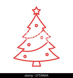 Christmas tree icon, simple red outline, minimalist design, white background, star topper, ornament circles, festive illustration, clean lines, holida Stock Vector