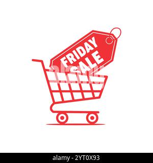 red shopping cart with black friday sale sign and discount label, gift, promotion, illustration, background, special, tag, friday, design, price, offe Stock Vector
