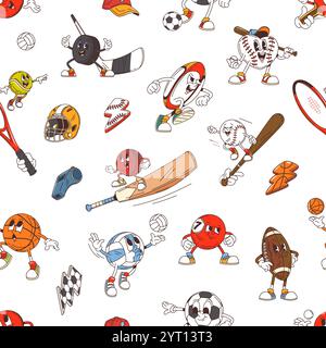 Groovy sport characters seamless pattern with cartoon sport game equipment and items. Vector background of retro groovy football or soccer balls, baseball bats, helmet and racket, hockey stick, puck Stock Vector