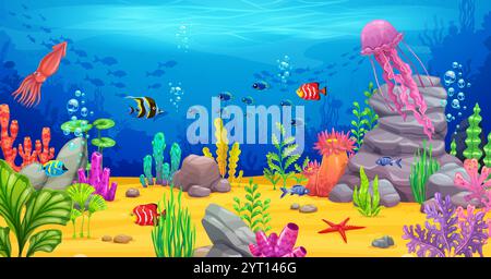 Cartoon underwater game landscape with undersea animals and fishes ...