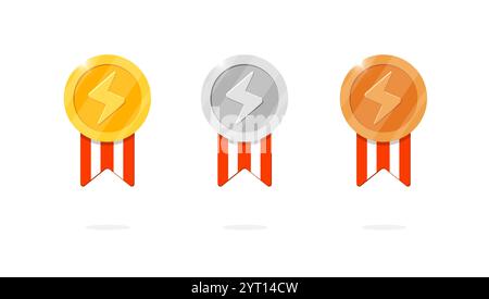 Gaming achievement medal badges. Lightning bolt symbol and red striped ribbon. Gold, silver, bronze ranking medallions. Video game app interface design element. Leader bonus and winner place icon kit Stock Vector