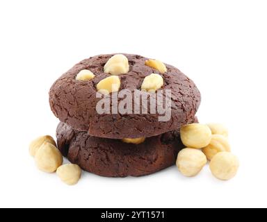 Tasty chocolate cookies with hazelnuts isolated on white Stock Photo
