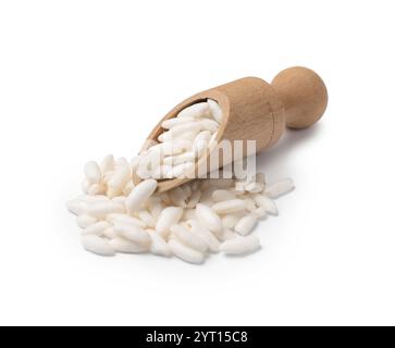 Puffed rice in wooden scoop isolated on white Stock Photo