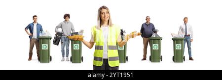 Female waste collector in front of men with bins for recycling isolated on white background Stock Photo