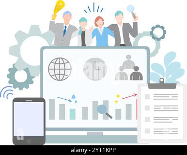Businessman working in a team - Illustration of various ideas that lead to success. Stock Vector