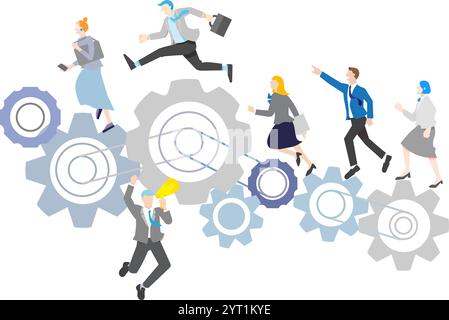 Business team runs on gears-vector illustrations Stock Vector