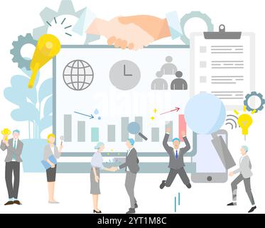 Businessman working in a team - Illustration of various ideas that lead to success. Stock Vector