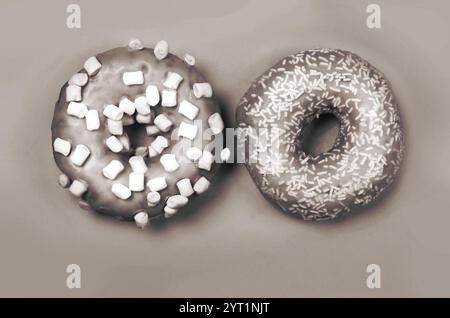 Color of year 2025. Mocha Mousse. Two donuts with icing on bright background. Sweet donuts. Stock Photo