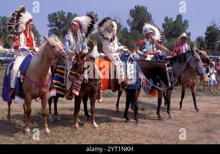 Crow Chiefs on horseback at parade, Crow Fair, Crow Agency, Crow Indian Reservation, Montana, USA Stock Photo