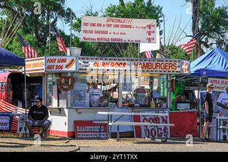 USA; Montana, Crow Indian reservation, Crow Agency, Crow Fair, Pow Wow, food stall Stock Photo