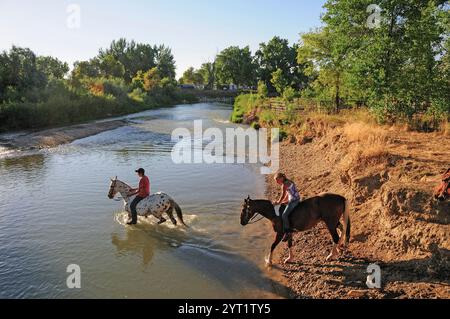 USA, Rocky Mountains, Montana, Crow Indian Reservation, crossing Little Bighorn river on horseback Stock Photo