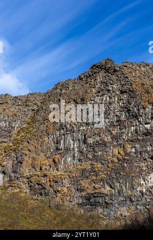 Vertical volcanic rock formations and cliffs overgrown with moss in Asbyrgi canyon in Iceland, blue sky. Stock Photo