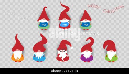 Festive Christmas, set Scandinavian nordic gnome, cute Christmas Santa Gnomes, Ho Ho Ho Elf. Vector clipart isolated for card Xmas elements design Stock Vector