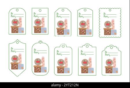 Christmas gifts tags set hand drawn cartoon vector illustration, collection of printable festive templates, holiday labels seasonal decor for Advent Calendar, new Year events Stock Vector