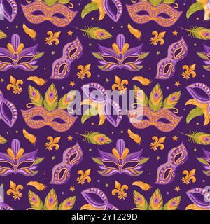 Colorful carnival masks adorned with colorful feathers and foliage for Mardi Gras celebrations. Seamless pattern. This flat style vector illustration Stock Vector