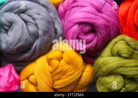 Different wool for felting as background, closeup Stock Photo