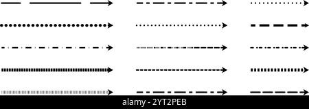 Straight thin dashed arrows collection. Black long dotted arrow set. Linear stripe elements bundle for flyer, poster, brochure, booklet, banner. Doodle sketched pointers or direction lines. Vector Stock Vector