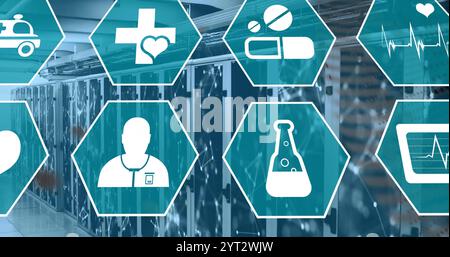 Image of medical icons and data processing over computer servers Stock Photo