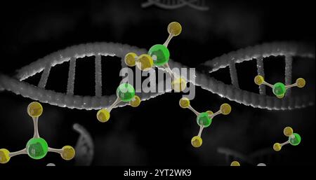 Image of molecules moving over dna strands spinning Stock Photo