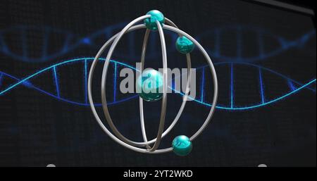 Image of molecules over dna strand on black background Stock Photo