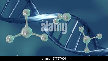 Image of molecules moving over dna strand spinning Stock Photo