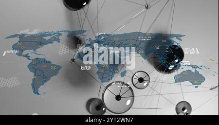 Image of network of connections with data over world map Stock Photo