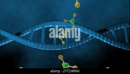 Image of molecules moving over dna strand spinning Stock Photo
