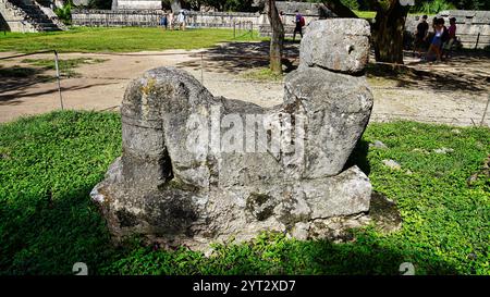 Chac Mool statuesculpturewith a reclining figure with head facing 90 degrees,representing a slain warrior to the rain god in  Chichen Itza,Mexico Stock Photo